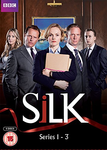DVD cover for "Silk" series 1-3, featuring five lawyers in formal attire.