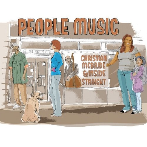 "Album cover art featuring a cartoon illustration of people outside a building."