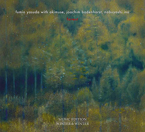 "Album cover featuring an abstract forest painting with green and yellow hues."