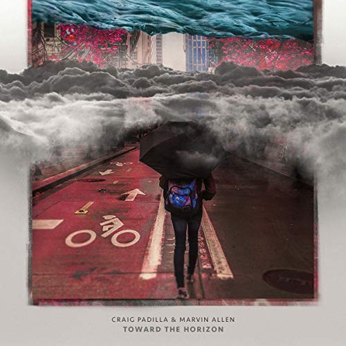 Person with umbrella walking on a red bike path under dark, surreal clouds.