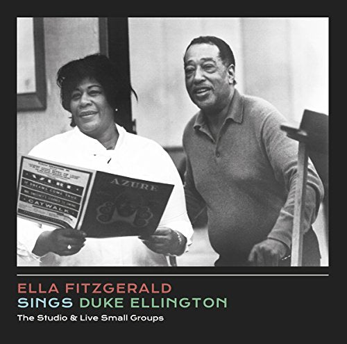 Black-and-white photo of Ella Fitzgerald and Duke Ellington on a black album cover.