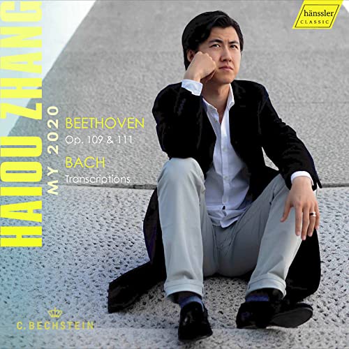 CD cover featuring pianist Haiou Zhang, with text listing Bach and Beethoven.