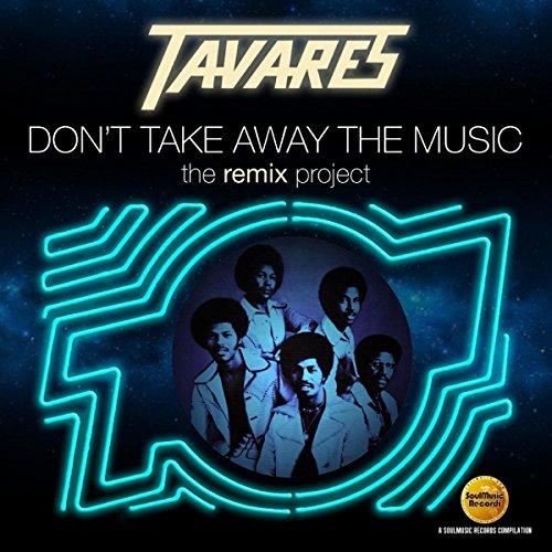 "Tavares album cover with neon outline and band members inside, on a dark background."