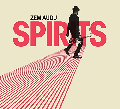 The alt text for the image is: "Album cover with man walking, holding saxophone, on red striped path."