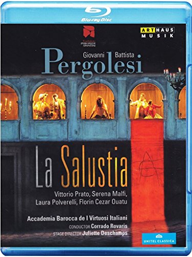 Blue-ray disc case with "La Salustia" opera cover art featuring performers in arched windows.