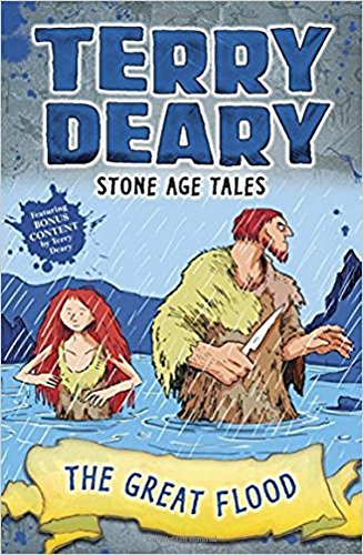 "Book cover featuring cartoon Stone Age man and woman in floodwaters, with rain and mountains."