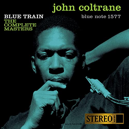 John Coltrane’s “Blue Train” album cover featuring a teal-toned portrait.