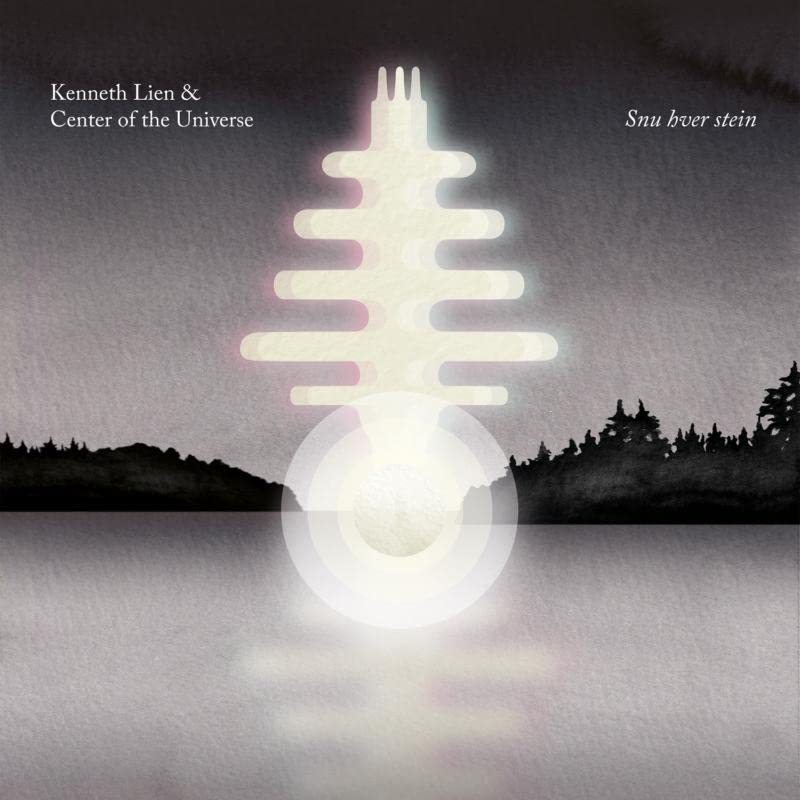 Vinyl album cover: abstract tree and circle over water, dark forest.