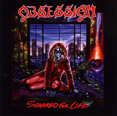 Album cover art: woman in red robe kneeling on floor with cityscape behind.