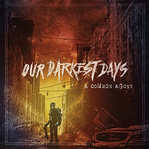 Album cover: desolate city street with a lone figure, fiery sky.