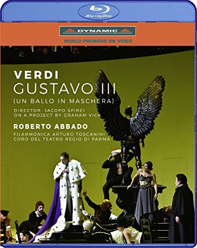 Blu-ray cover for Verdi’s “Gustavo III” opera, featuring a stage scene and winged figure.