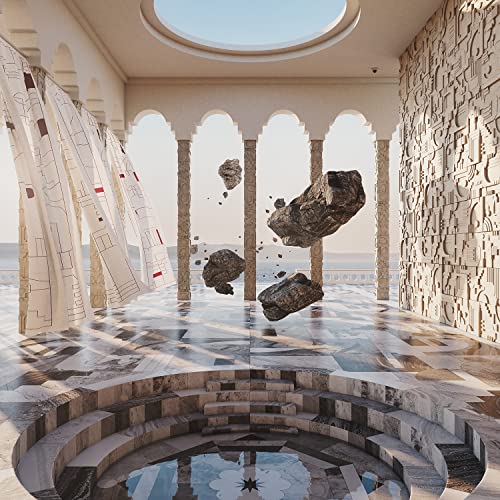 Album cover: Efterklang - Altid Sammen, surreal architecture and floating rocks.