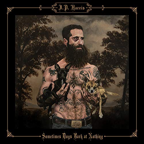 Vinyl album cover featuring a bearded man holding two dogs, surrounded by ornate border.