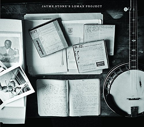 "Black and white album cover with banjo, photographs, and documents."
