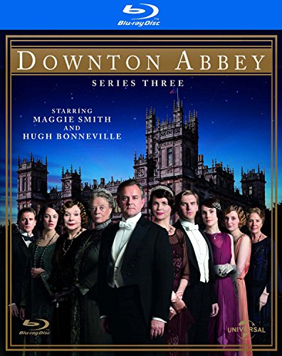 "Blu-ray case cover for Downton Abbey Series 3, featuring main characters in formal attire."