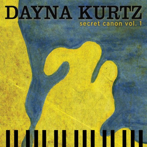 "Album cover with yellow and blue abstract design and piano keys at the bottom."