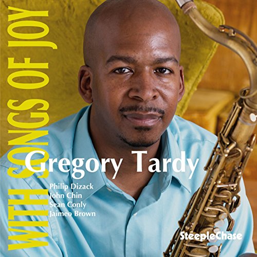 "Album cover featuring a man holding a saxophone with yellow text and names listed."