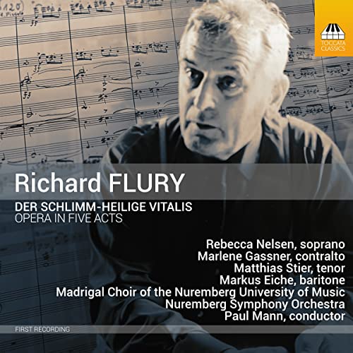 CD cover featuring a portrait of Richard Flury with musical score background.