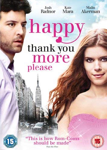 DVD cover for "Happythankyoumoreplease" featuring two actors and a city skyline.