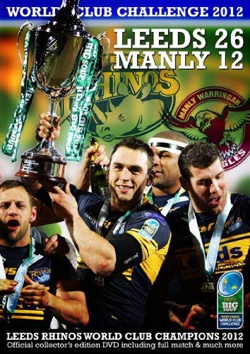 Leeds Rhinos rugby players celebrating with the World Club Challenge trophy.