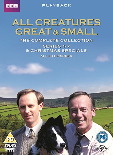 "Two men and a dog in front of a green countryside DVD cover."