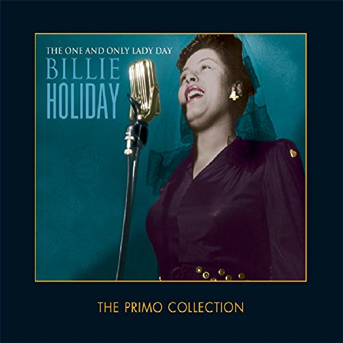 "CD cover featuring Billie Holiday singing into a vintage microphone, dark blue background."