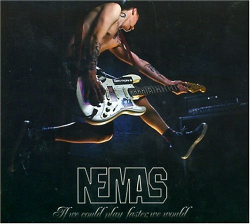 Musician playing electric guitar mid-air, album cover for Nemas’ “If We Could Play Faster..”.