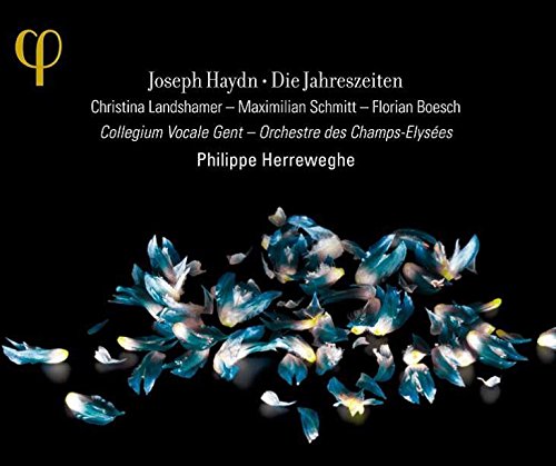 "CD cover with blue flower petals on black background, featuring white text and gold logo."