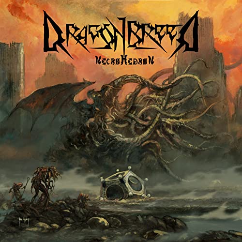 Dragonbreed album cover: dark fantasy art with a monstrous creature and ruins.