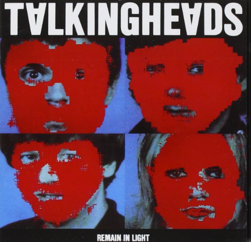 "Album cover with four faces, red masks, and 'Talking Heads' and 'Remain in Light' text."