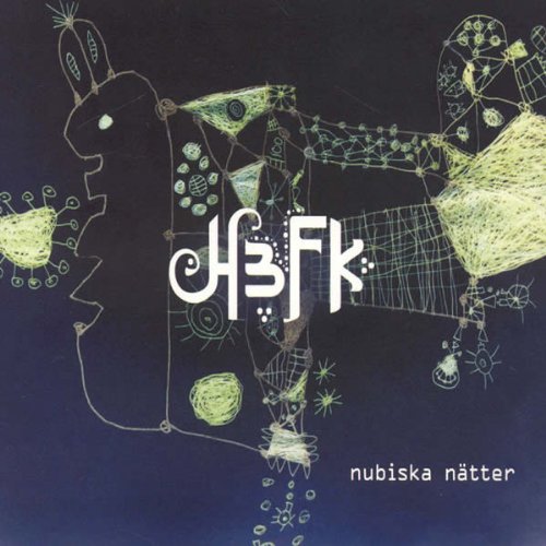 The image is a dark blue album cover with white and green abstract designs.