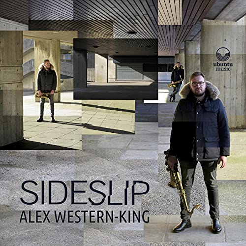"Album cover with a man holding a saxophone, layered images of him in a concrete space."