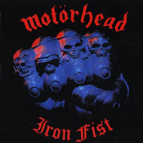 "Album cover for Motörhead's 'Iron Fist' featuring a blue fist with skull knuckles."