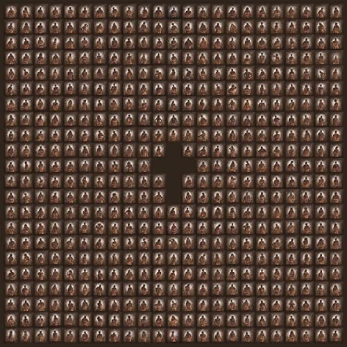 Grid of small, dark portraits with a central, dark cross shape.
