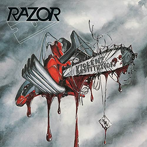 Razor “Violent Restitution” vinyl album cover with distorted, bloody imagery.