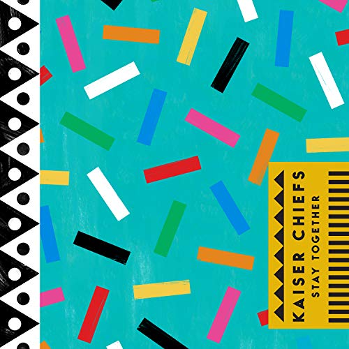 "Turquoise album cover with multicolored rectangles and black and white border."