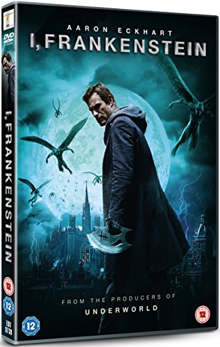 DVD cover for I, Frankenstein featuring Aaron Eckhart holding a weapon before a moonlit city.