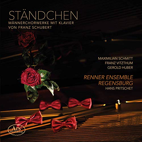 "CD cover with piano keys, red roses, and bow ties on a dark background."