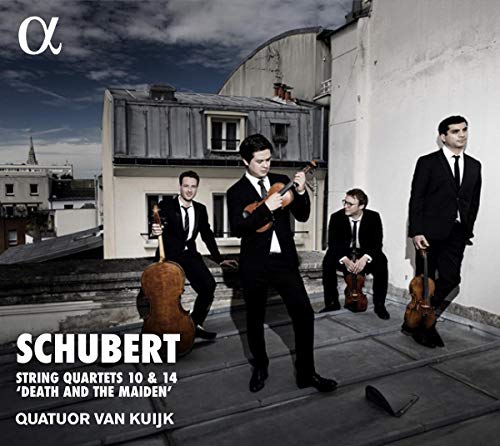 "CD cover featuring four men in suits holding string instruments on a rooftop."