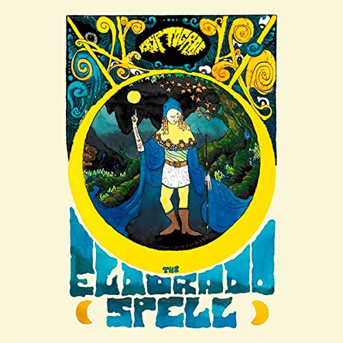 Vinyl record cover: ornate gold frame, figure in blue robe, forest background.