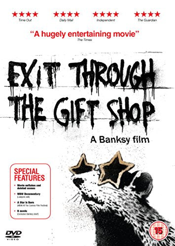 DVD cover for "Exit Through The Gift Shop" featuring graffiti and a rat.