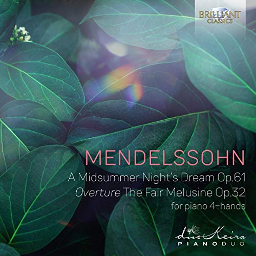 "CD cover with green leaves, rainbow effect, and text describing Mendelssohn's musical compositions."