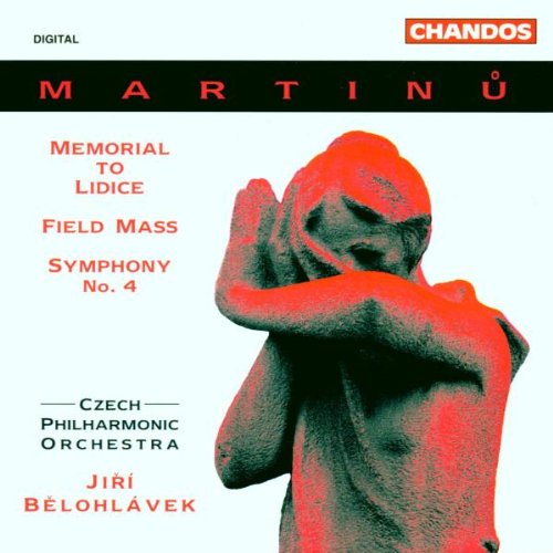 "CD cover with statue and text 'Martinu' in red on black banner."