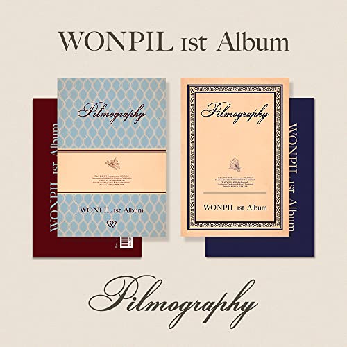 Wonpil’s “Pilmography” album cover: patterned spines in burgundy, blue, and navy.
