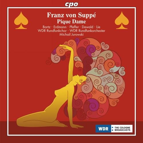 "Album cover with red background, yellow figure, and spade symbols, featuring 'Pique Dame' title."