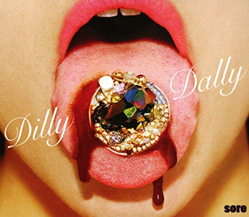 Close-up of a tongue with a jeweled ring, album cover for Dilly Dally Sore.