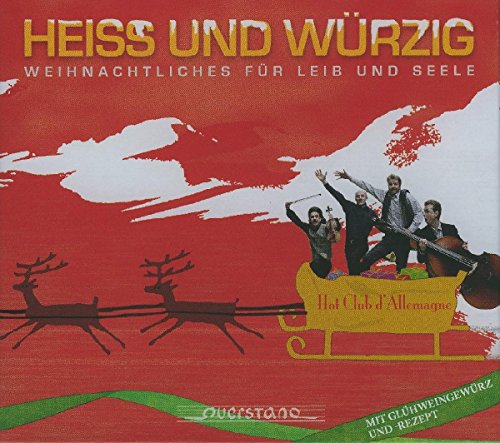 "Album cover with red background, three men in a gold sleigh, holding instruments."