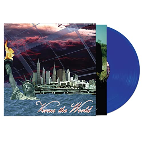 Blue vinyl record with album cover featuring Statue of Liberty and city.