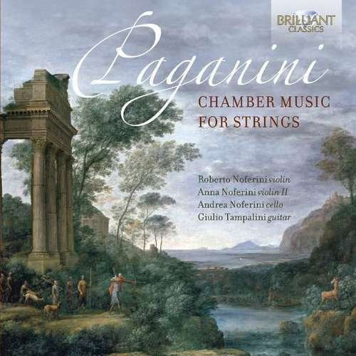 "CD cover with serene landscape painting and 'Paganini' title in white cursive font."