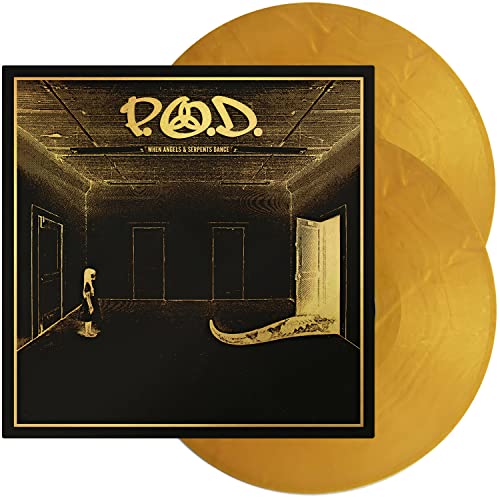 P.O.D. album cover with a doorway and snake on gold vinyl records.